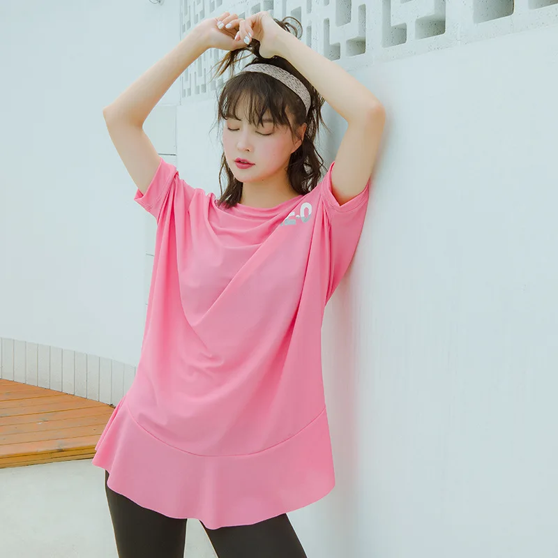 

2019 New Style Yoga Clothes WOMEN'S Suit Loose Short Sleeve Skirt Pink Beauty Fashion Spring And Summer Fitness Suit
