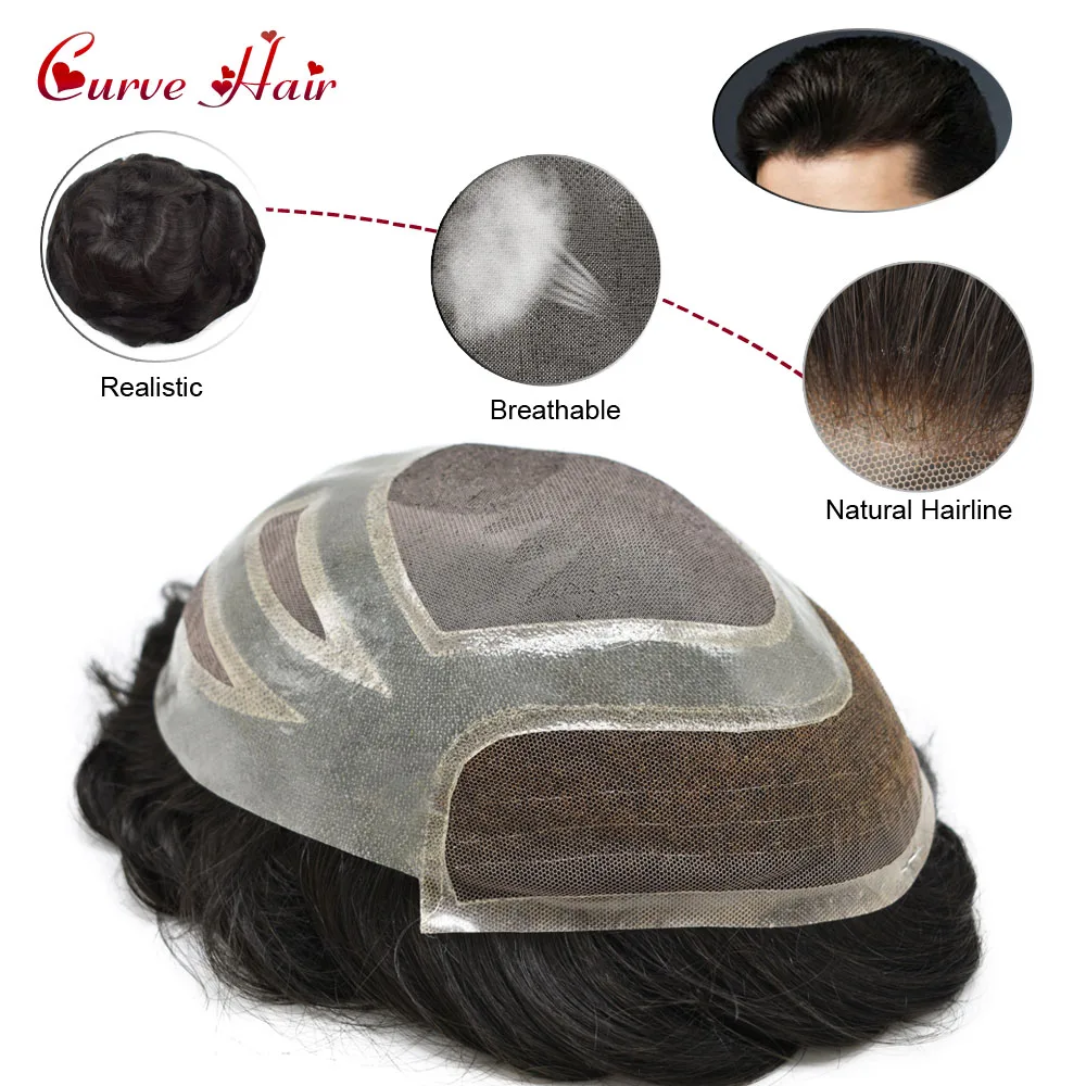 

French Lace Front With Skin Mens Toupee Hairpiece 120% Light Medium Density Human Hair Replacement System Natural Hairline