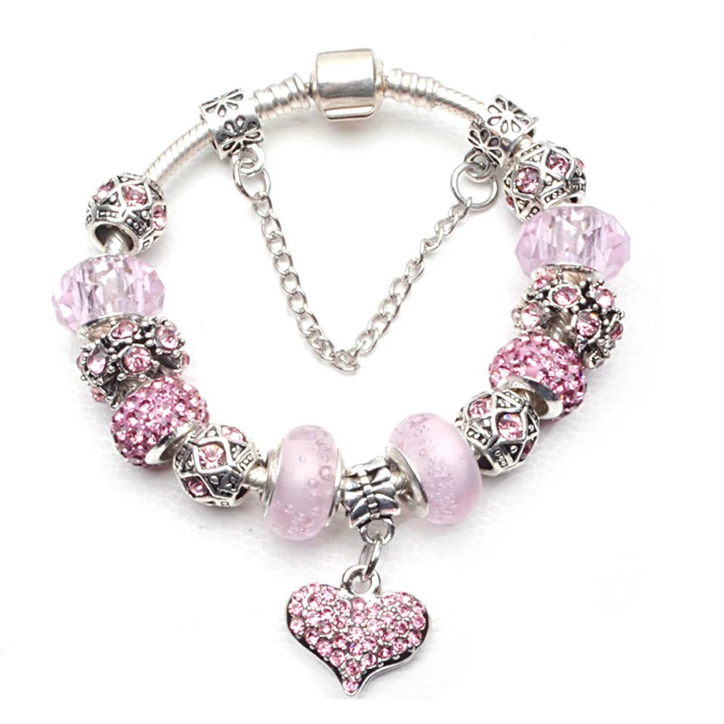 Bracelet Jewelry Crystal Heart Charm Bracelet For Women Silver Snake Chain
