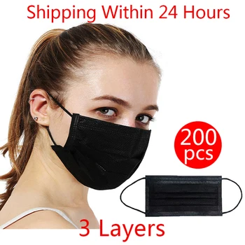 

200pcs/lot Both Sides Masks Black Non Woven Masks Face 3 Layer Elastic Earloop Mouth Face Disposable Mask