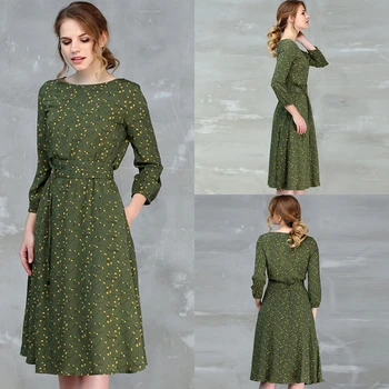 

O Neck A Line Flowy Medium Women's Autumn Dress Elegant Boho Chiffon Beach Midi Dress Long Sleeve Sash Belt Printed Casual Dress