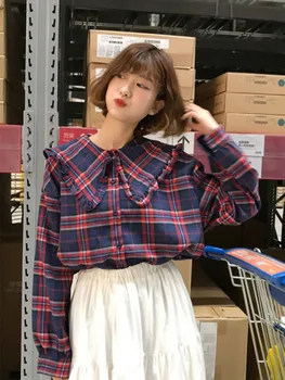 

Summer Blouse Women Plaid Print Sweet Shirts loose Tee Lapel Womens Tops And Blouses Long Sleeve Blusas Mujer De Moda 2019