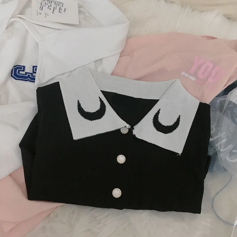 Harajuku Винтаж ins Горячая корейский стиль Тонкий Луна шаблон kawaii милый вязаный кардиган с коротким рукавом укороченный Топ тройник YQ-1051