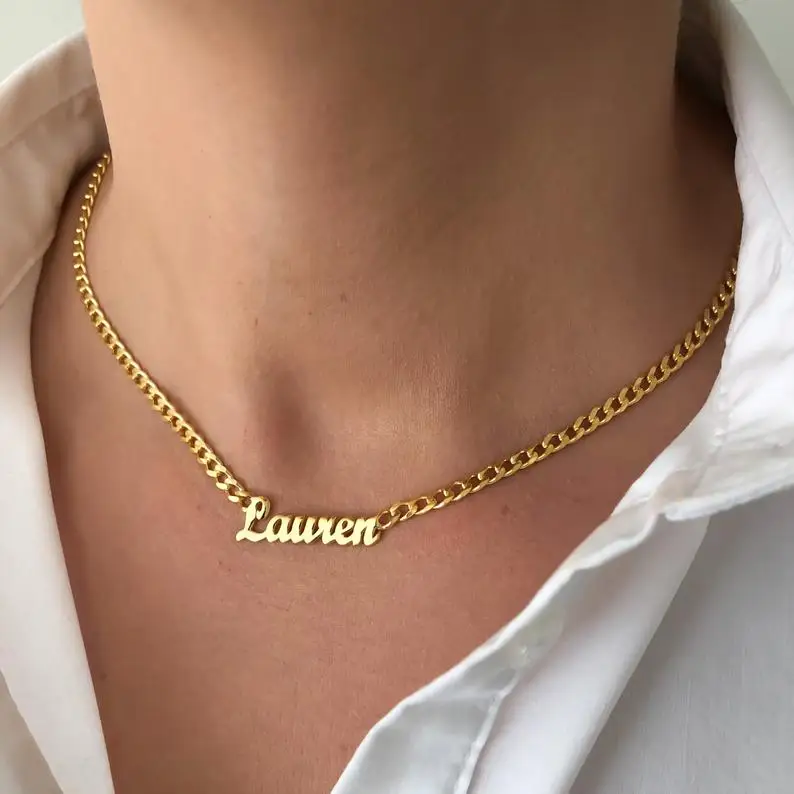 Yellow Gold Curb Chain or 925 Silver Chain Mens Womens Necklace Collier Top