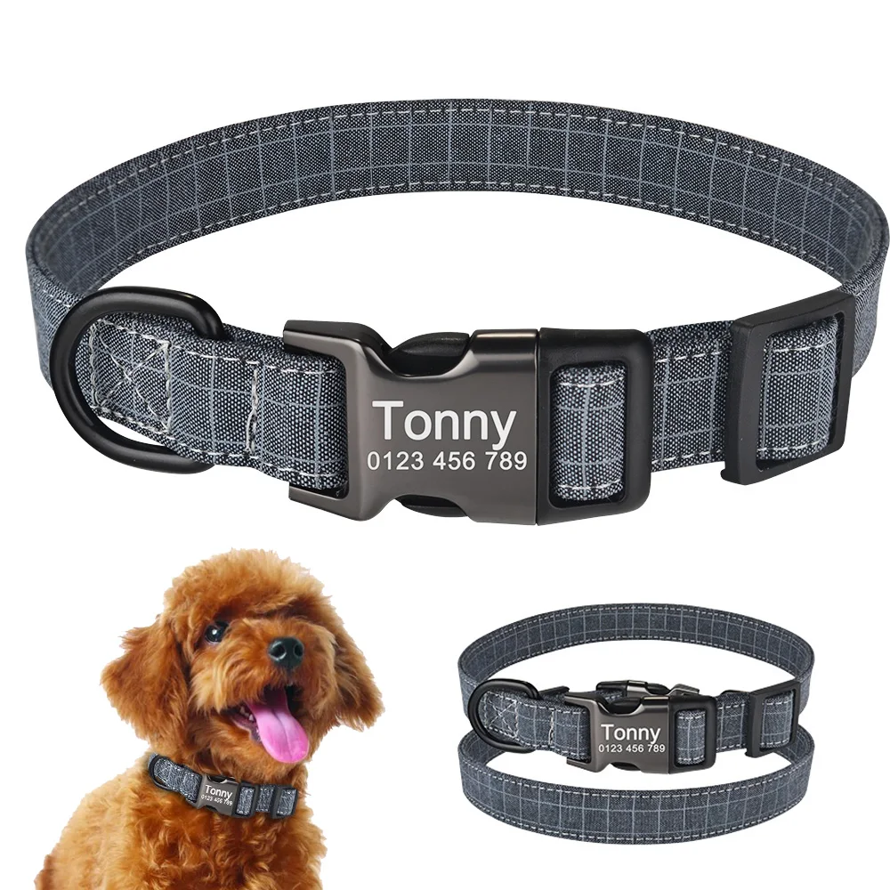 Nylon Check Dog Collar Adjustable Customizable Engraved Name Pet Collar Suitable Small Medium