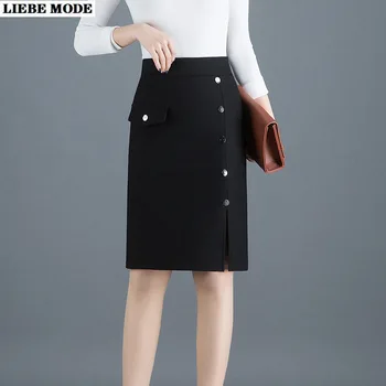 

2020 Womens Office Summer High Waisted Midi Skirt for Women Work Formal Stretch Knee Length Skirts with Slit Button Black Red