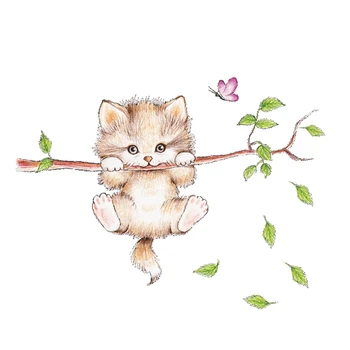 

cute cat butterfly tree branch wall stickers for kids rooms home decoration cartoon animal wall decals diy posters pvc mural art