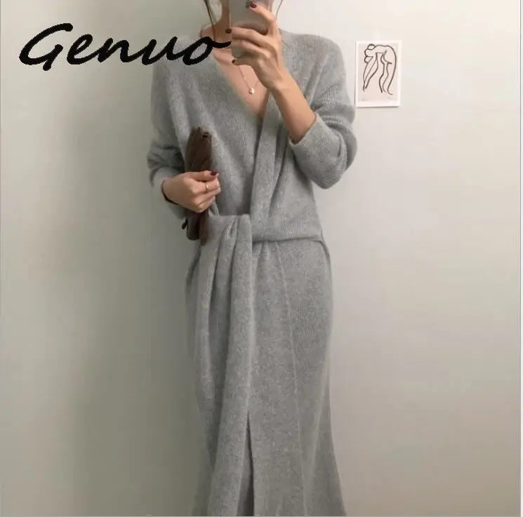 

Genuo New Korean Belted Long Sweater Dress Women Solid Casual Soft Warm Knitted Dress Female Elegant V Neck Long Sleeve Vestidos