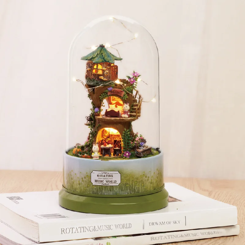 

Cute room diy Hut Rotating Music World Lighting Handmade Educational Assembled Micro Scene Creative Gifts