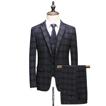 

Casual Large Size Men's Grids Fashion Three-piece Suits Banquet Evening Party Dress Male Blazer Sets Presenter Stage Clothing