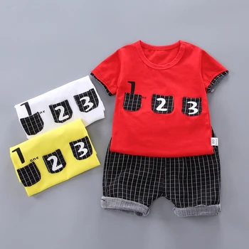 通販 Baby Boy Cotton Short Sleeve Suit Number Pattern Round Neck Top Plaid Elastic Short Pants Toddler Boys Set