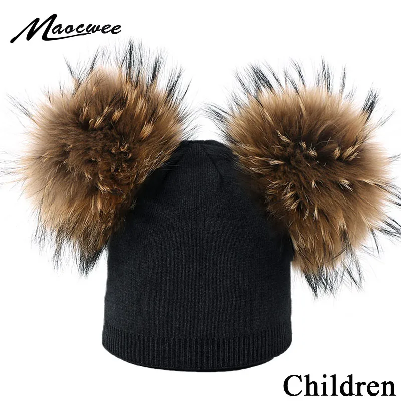 

Beanie Hat For Children With Double Real Fur Pompons Knitted Winter Solid Color Hat For Kids Outdoor Warm Gorros Skullies Caps