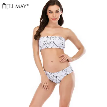 

JLI MAY Sexy Two Pieces Bikini Set Women Print Push Up Mid Waist Swimsuit High Quality Female Summer White Swimwear Beachwear