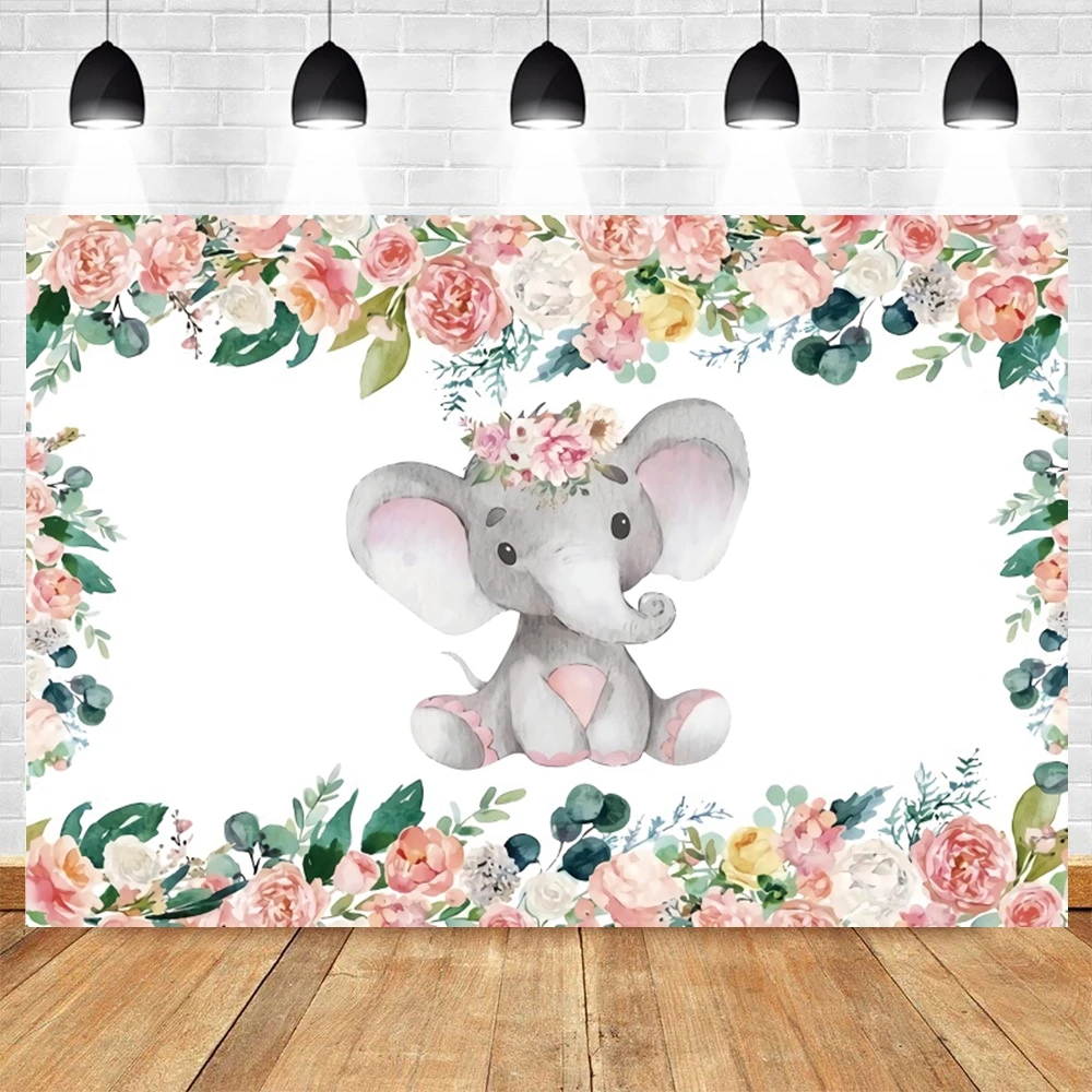 

Cute Elephant Pink Flower Backdrop Baby Shower Birthday Party Photography Background Decor For Photo Studio Vinyl Photophone