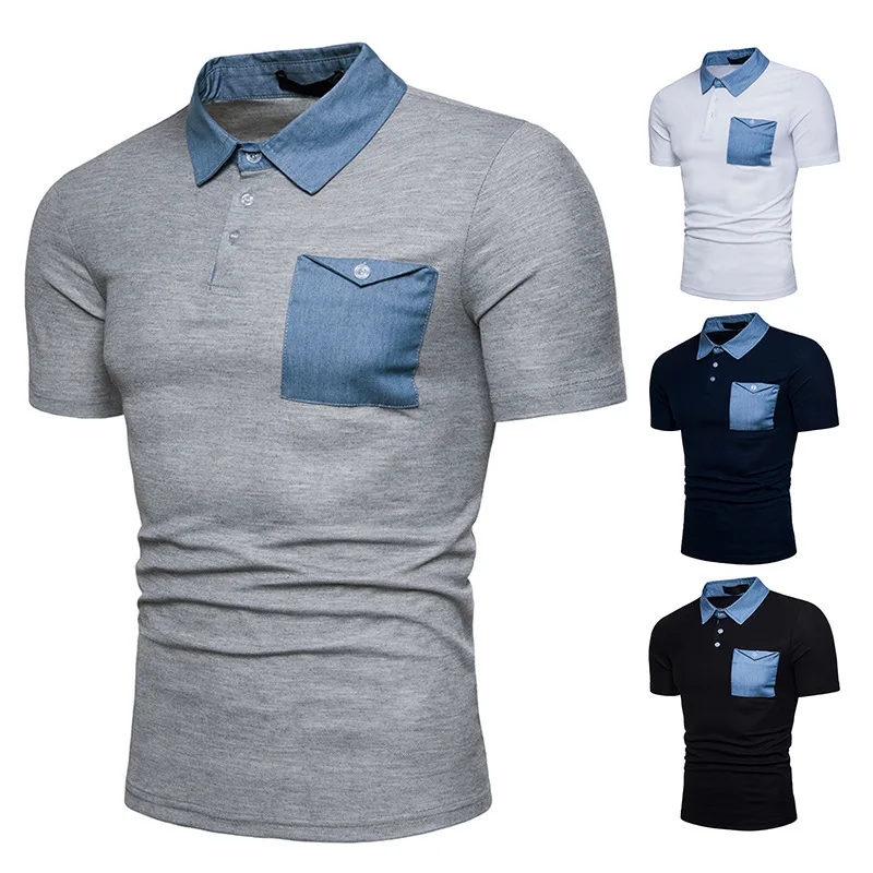 Стильный джинсовый сшитый мужской лацкан с коротким рукавом Slim Fit Футболка