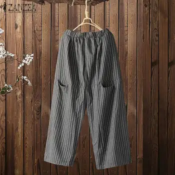

ZANZEA Summer Vintage Wide LegTrousers Women Harem Pants Casual Elastic Waist Striped Pantalon Cotton Linen Pants Streetwear