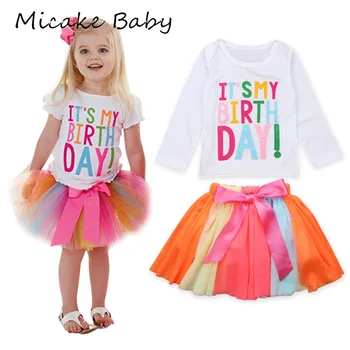 

Summer Kids Baby Girls' Alphabet Tops T-shirt Skirt Multicolor Rainbow Infant Set Long Sleeve Dress Children Birthday Dresses