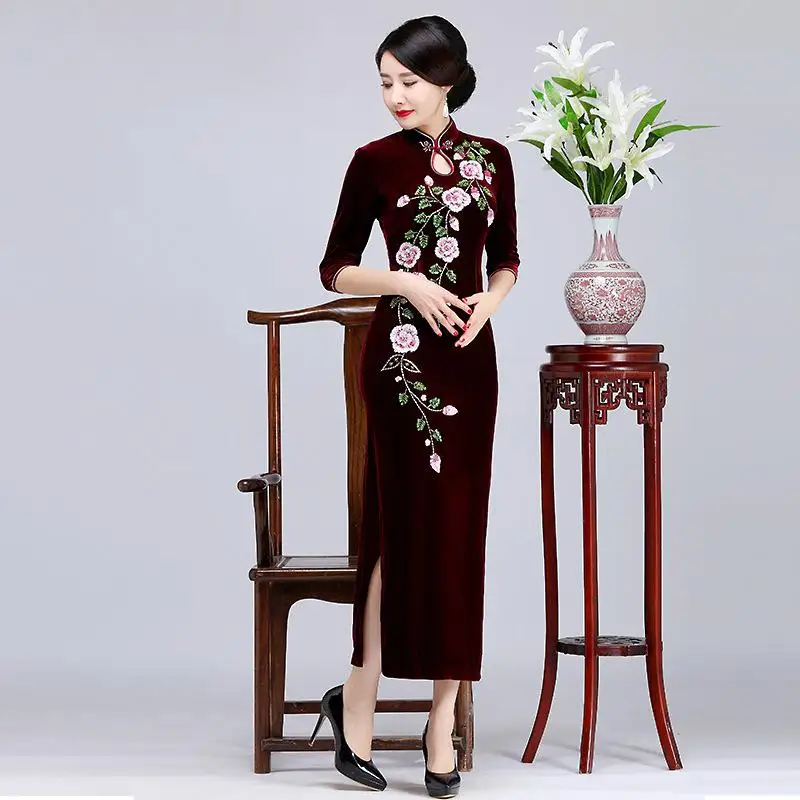 Цветочное женское винтажное платье Cheongsam, благородное, Новое поступление, Qipao, элегантное, негабаритное, для вечеринки, выпускного, сексуальное, мини, китайское платье, классическое, Vestidos - Цвет: Burgundy2