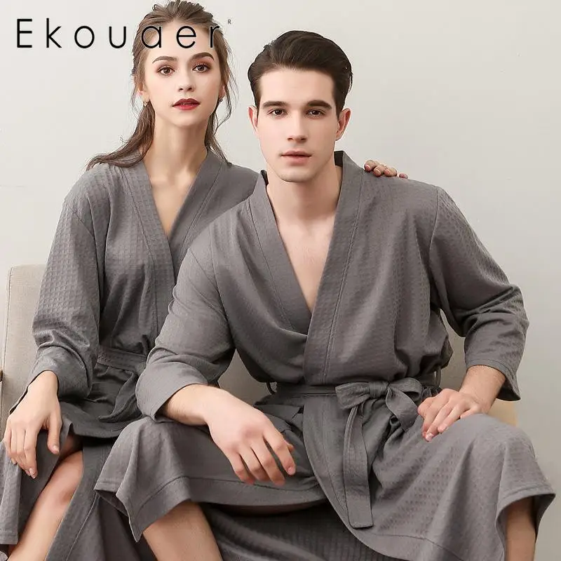

Ekouaer Women Men Sleepwear Robes Dressing Gown V-Neck 3/4 Sleeve Solid Pocket Lace-up Night Gown Mid Length Unisex Bathrobes
