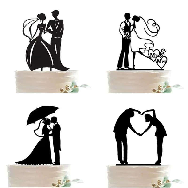 Черный блестящий бумажный свадебный торт Топпер Mr and Mrs Романтический Жених и