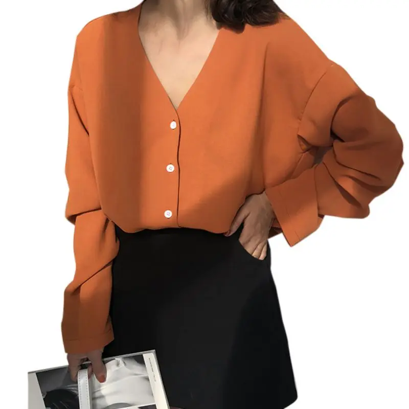 Women Blouse V-neck Chiffon Blouse Long Sleeve Button Tops Blouses Solid Office Shirt Lady Blouse Shirt Blusas Camisa