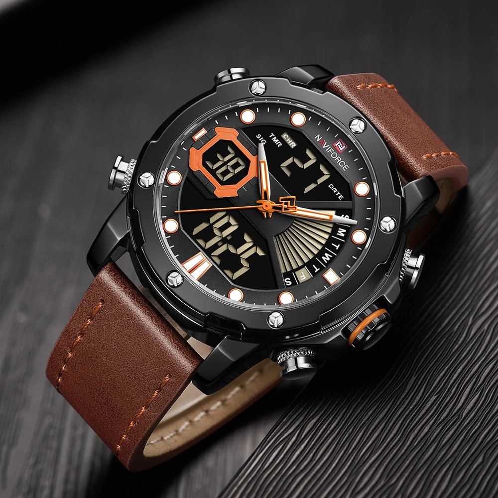 NAVIFORCE 9172 деловые часы мужские спортивные кварцевые часы люксовый бренд кожаный водонепроницаемый светодиодный цифровой наручные часы Relogio Masculino