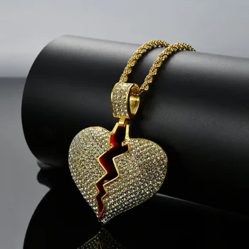 

Fashion Broken Heart Pendant Necklaces Women Men Hip Hop Jewelry Gold Silver Color Iced Out Chain Rhinestone Statement Necklace