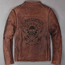 Мужская крутая куртка из воловьей кожи, Мужская облегающая байкерская куртка из натуральной кожи. Крутые панк Куртки с черепом, винтажная кожаная куртка