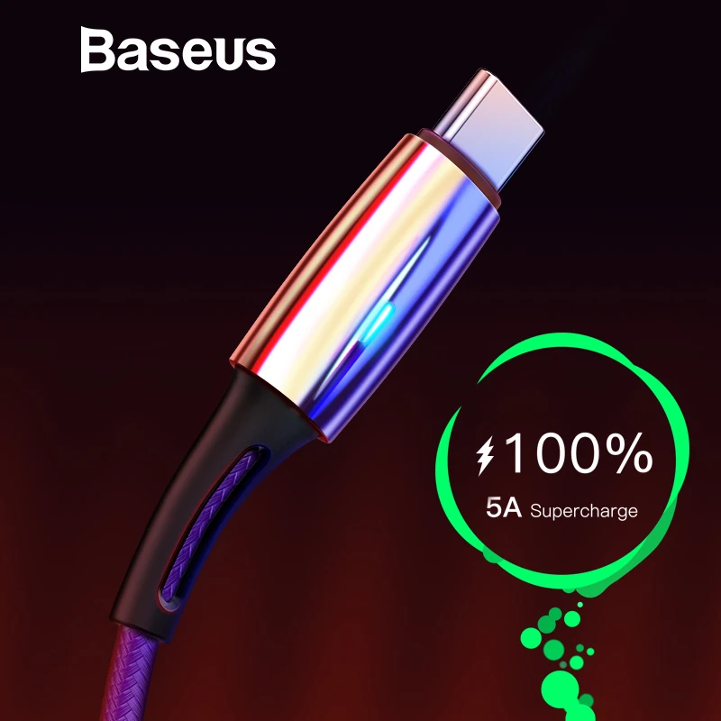 Кабель usb type-C Baseus 5A для huawei mate 30 Pro P30 Supercharge USB C Quick Charge 3,0 кабель для быстрой зарядки светодиодный кабель type USB-C