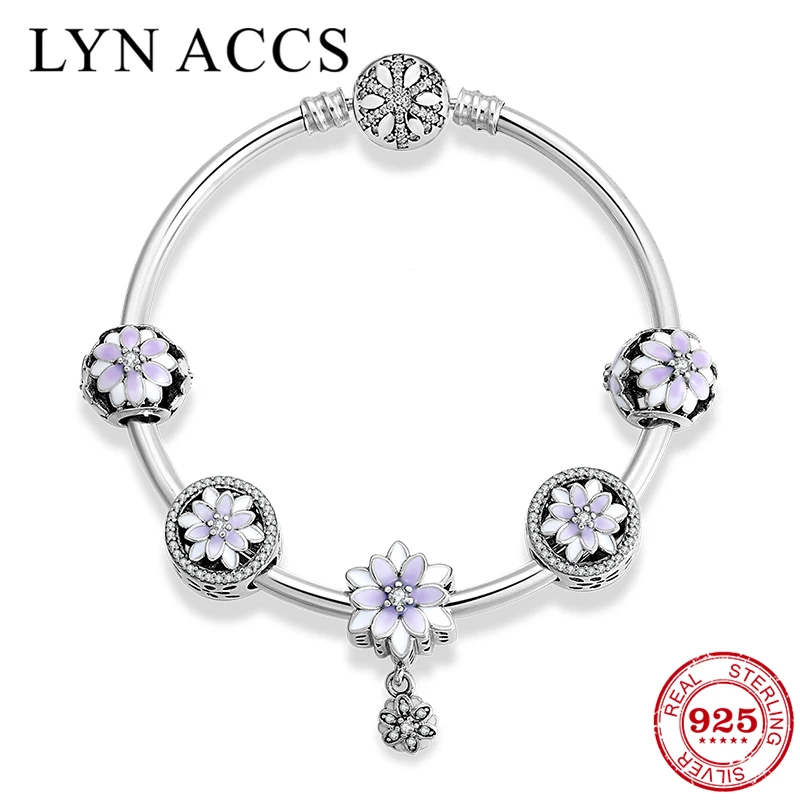 

Original 925 Sterling Silver Zircon Enamel Water lily Bracelet with Flower Pendant Charm Bracelet Bangle for Women DIY Jewelry