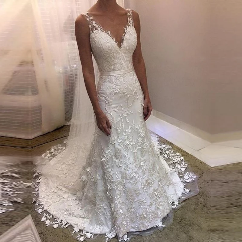 

Robe de mariee Luxury Lace Mermaid Wedding Dress 2020 V Neck Vintage Bridal Gown Wedding Sheath Fishtail vestido de noiva
