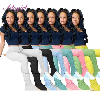 

Casual Pleated Flare Pant High Waist Trousers Sweatpant Women Sportwear Stacked Joggers Bell Bottom Pants Lady Pencil Leggings