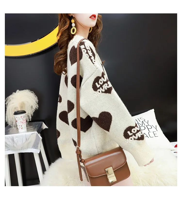 Letter Heart Oversized Sweater Women Knitted Winter Jumper Korean Harajuku Elegant Pullovers Casual Clothes Warm Loose V901