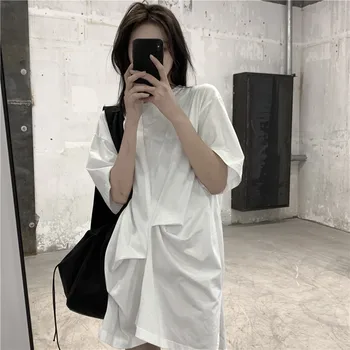 

SuperAen Mid-Length T-shirt Pleated Design Short Solid O-Neck Office Lady Loose T-Shirts Women Tops