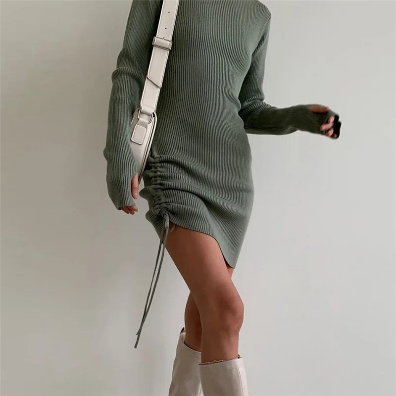 Long Sleeve Knitted Mini Dresses for Women High Neck Casual Drawstring Party Bodycon Dress 2021 Autumn Winter White Brown Black maxi dresses Dresses