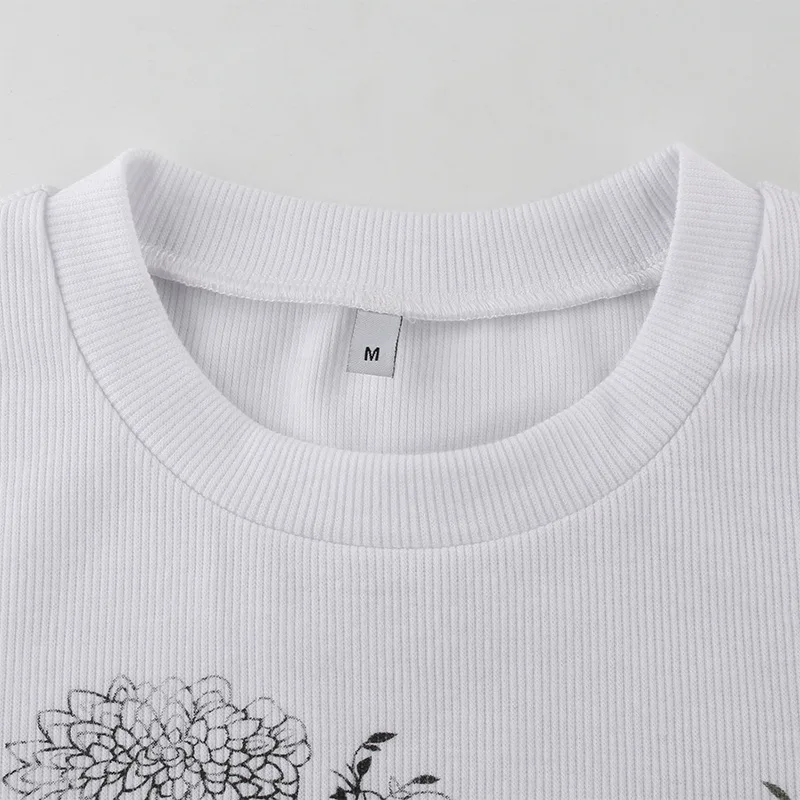ALLNeon Harajuku Ribbed Tight Printing Crop Tops O-neck Short Sleeve Skinny White T-shirts Vintage Y2K Summer Tops Streetwear