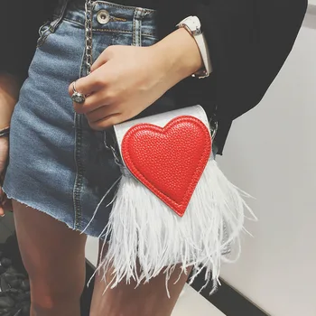 

New design fashion feathers heart shape pu leather Party Casual female totes ladies handbag chain shoulder bag phone purse flap