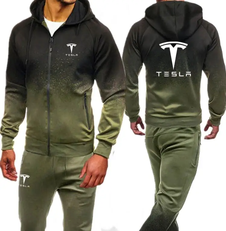 Мужской спортивный костюм с принтом Tesla, осень, спортивная одежда для мужчин, комплект из 2 предметов, толстовка на молнии с капюшоном, куртка+ штаны, Moleton, мужские комплекты - Цвет: color  1