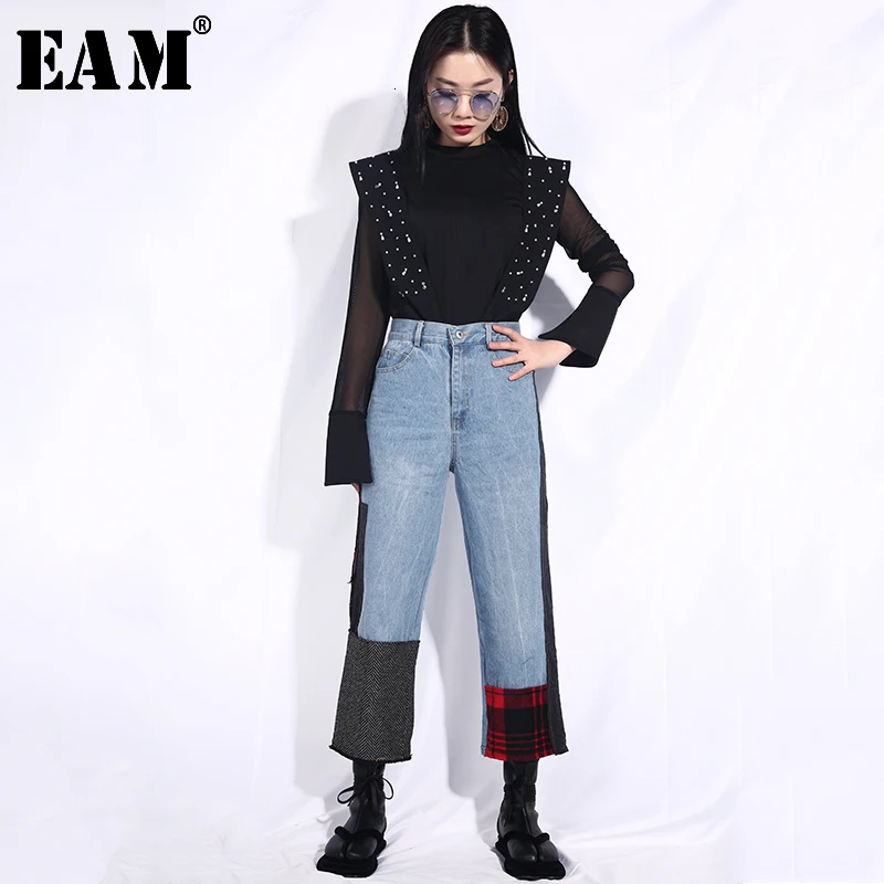 

[EAM] 2019 New Spring Summer High Waist Loose Blue Plaid Patch Split Joint Loose Wide Leg Jeans Women Trousers Fashion JI83