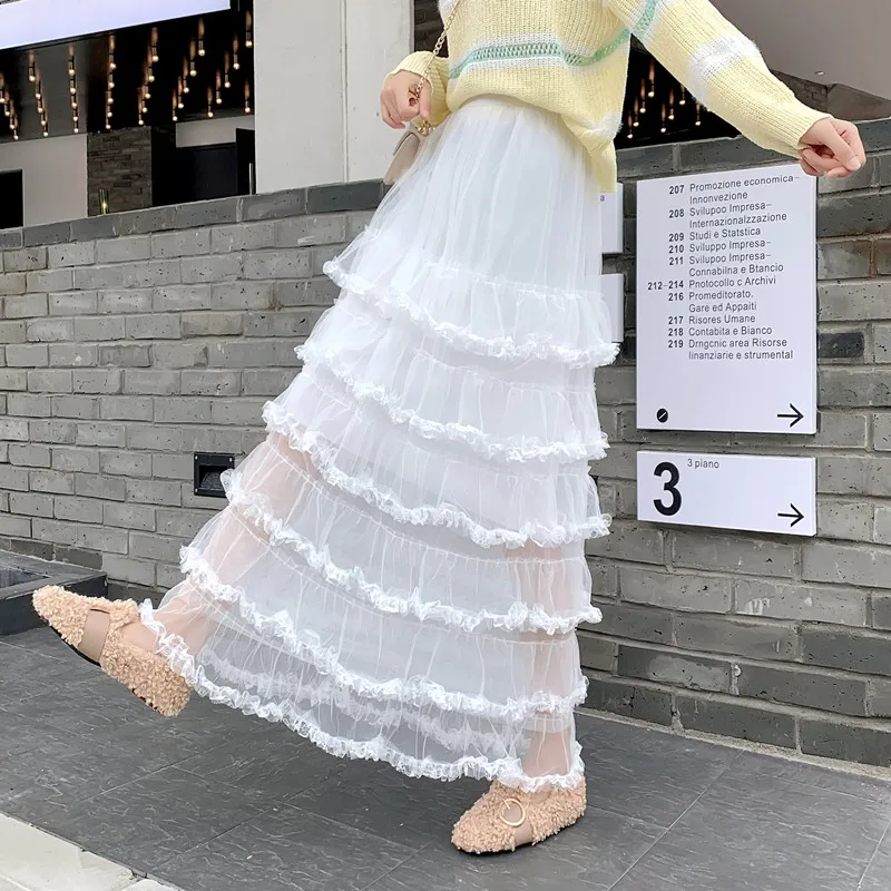 Новинка, Женская юбка, сексуальная, Модис, кружева, весна, макси, кекс, высокая талия, белая, faldas, сетка, Ретро стиль, черные, ниспадающие, длинные женские юбки