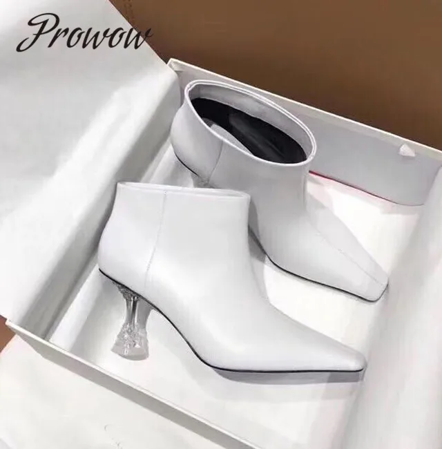 

Prowow New Fashion Soft Genuine Leather Square Toe Women Boots Slip On Clear HIgh Heel Ankle Boots Shoes Women