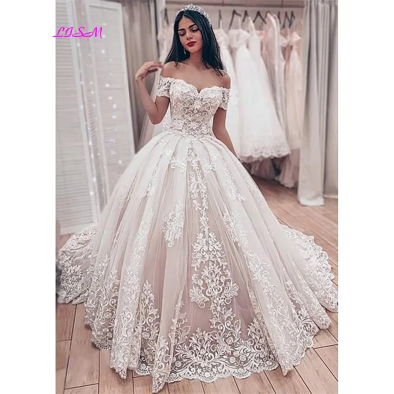 Мусульманское кружевное бальное платье, свадебные платья, великолепное Милое Свадебное платье с открытыми плечами и аппликацией, Длинные свадебные вечерние платья - Цвет: Champagne
