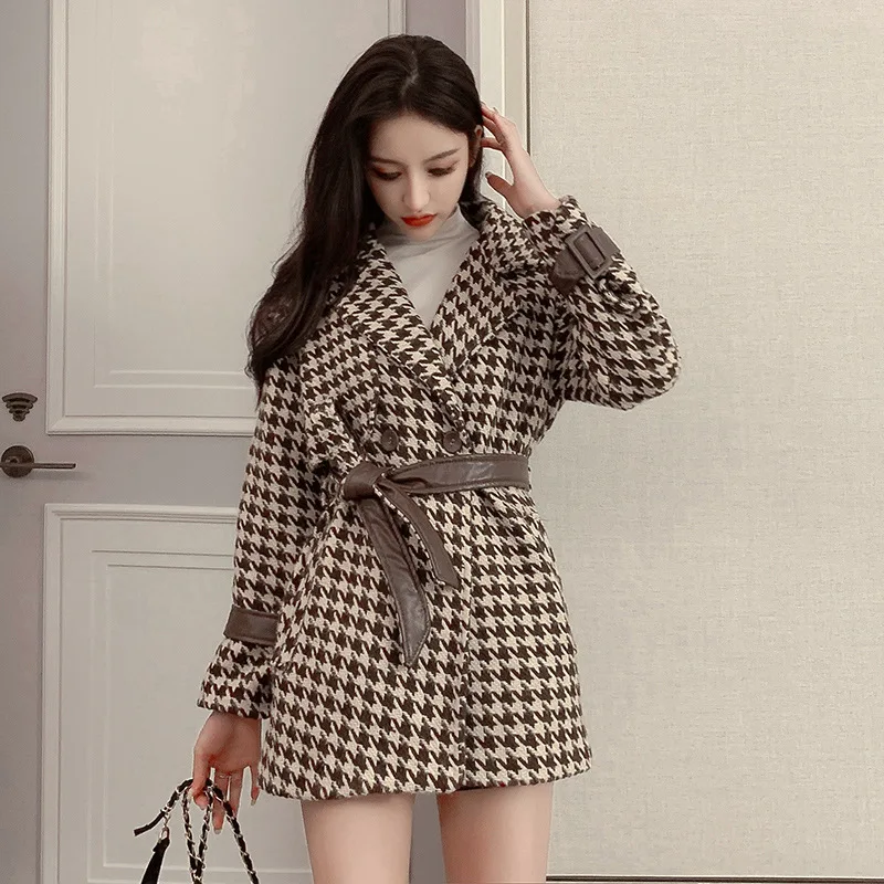 

2019 Autumn And Winter New Style French Retro qian ge niao Woolen Waist Hugging Lace-up Fold-down Collar Medium-length Woolen Cl