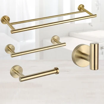 

Wall Mounted 4 Piece Bathroom Accessories Set (Double Towel Bar, Toilet Paper Holder,Towel Hooks,Single Towel Bar), Gold