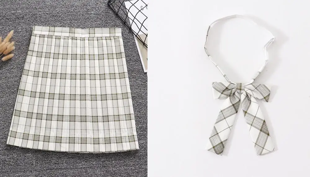1 skirt 1 bow2 Candy Bamboo зеленый цвет Геометрическая клетчатая плиссированная юбка+ бант+ галстук(регулировка талии. Карманный - Цвет: 1 skirt 1 bow2