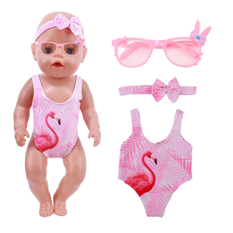Traje de baño de flamenco + gafas de sol de oreja de conejo para muñeca de 18 pulgadas, regalo de muñeca de bebé nacido, accesorios de ropa, artículos de juguetes, 43 Cm, 2 piezas por juego