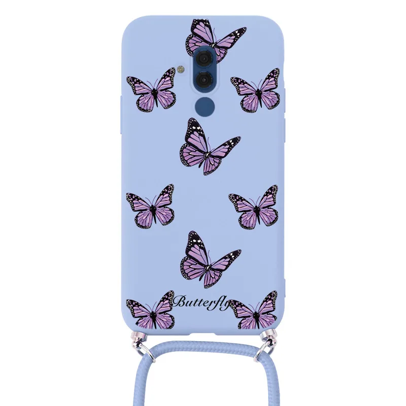 For Huawei Mate 20 Lite Chain Necklace Strap Cord Lanyard Silicone Cover For Huawei Mate20Lite Mate20 Lite Flowers Bumper Shell smartphone pouch