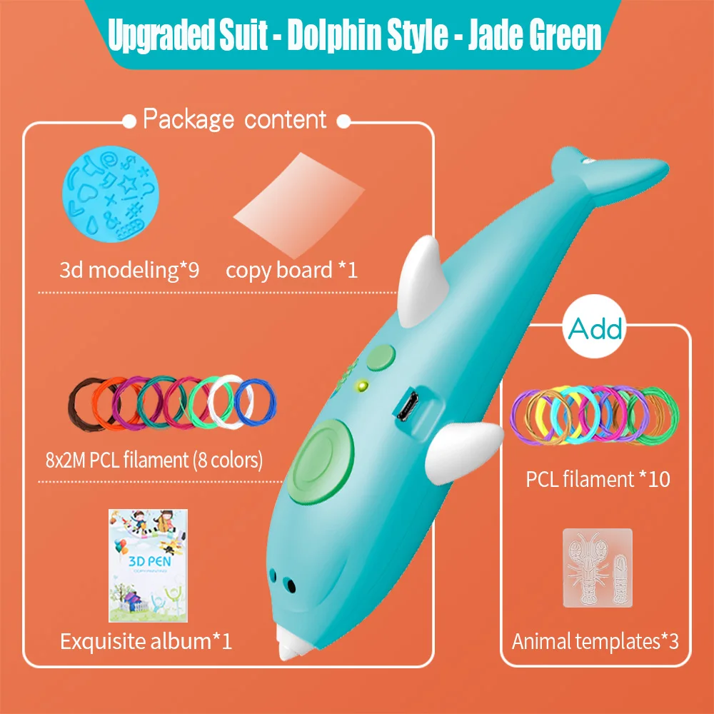 3D ручка оригинальная DIY 3D печать Ручка с 100 м нить из ПКЛ креативная игрушка образовательный подарок для детей день рождения дизайн рисунок - Цвет: Blue Dolphin-50m PCL