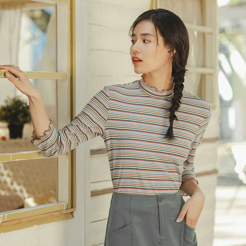 INMAN Spring New Arrival Colorful Stripped Basic Regular Style Women Simple Design All Matched T-shirt