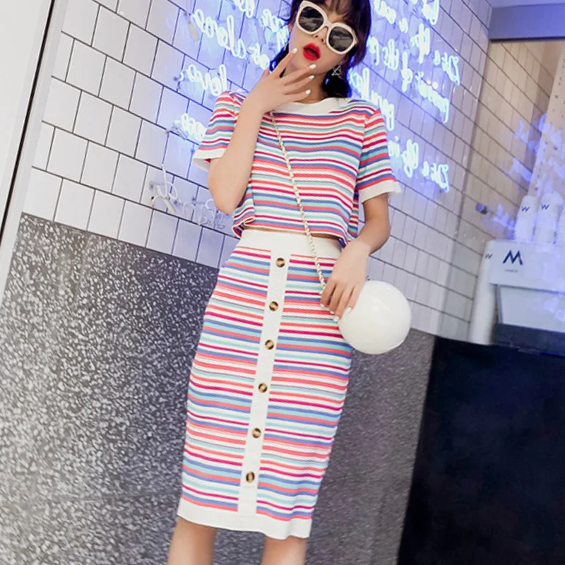 

Set Hipster Stripes Skirt Hong wei wang Red Two Pieces Shorts Slimming